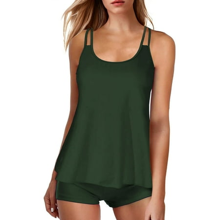 Rigardu Hot Sale!! Flowy Tankini Bathing Suits for Women Tummy Control Swimsuits Two Piece Swimwear Tank Top with Boyshorts Women s Slimming and Shielding Two Swimsuit for Women with Straps Green Xxl