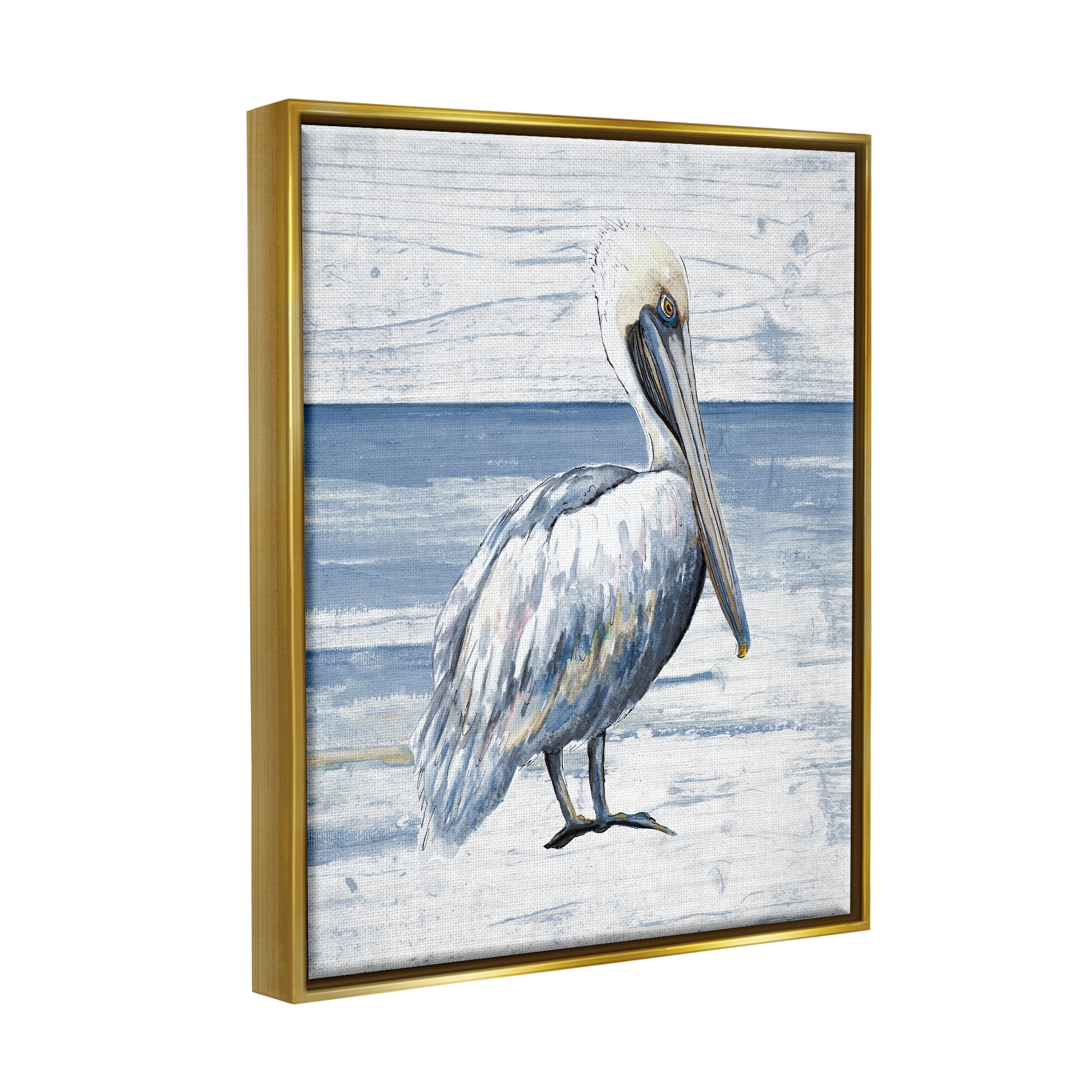 Stupell Industries Rustic Plank Pattern Pelican Animals & Insects Painting Gold Floater Framed Canvas Art Print Wall Art, 25 x 31