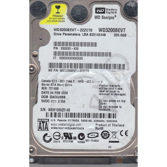 WD3200BEVT-22ZCT0, DCM DACVJHBB, Western Digital 320GB SATA 2.5 Hard Drive