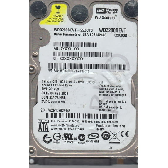 WD3200BEVT-22ZCT0, DCM DACVJHBB, Western Digital 320GB SATA 2.5 Hard Drive