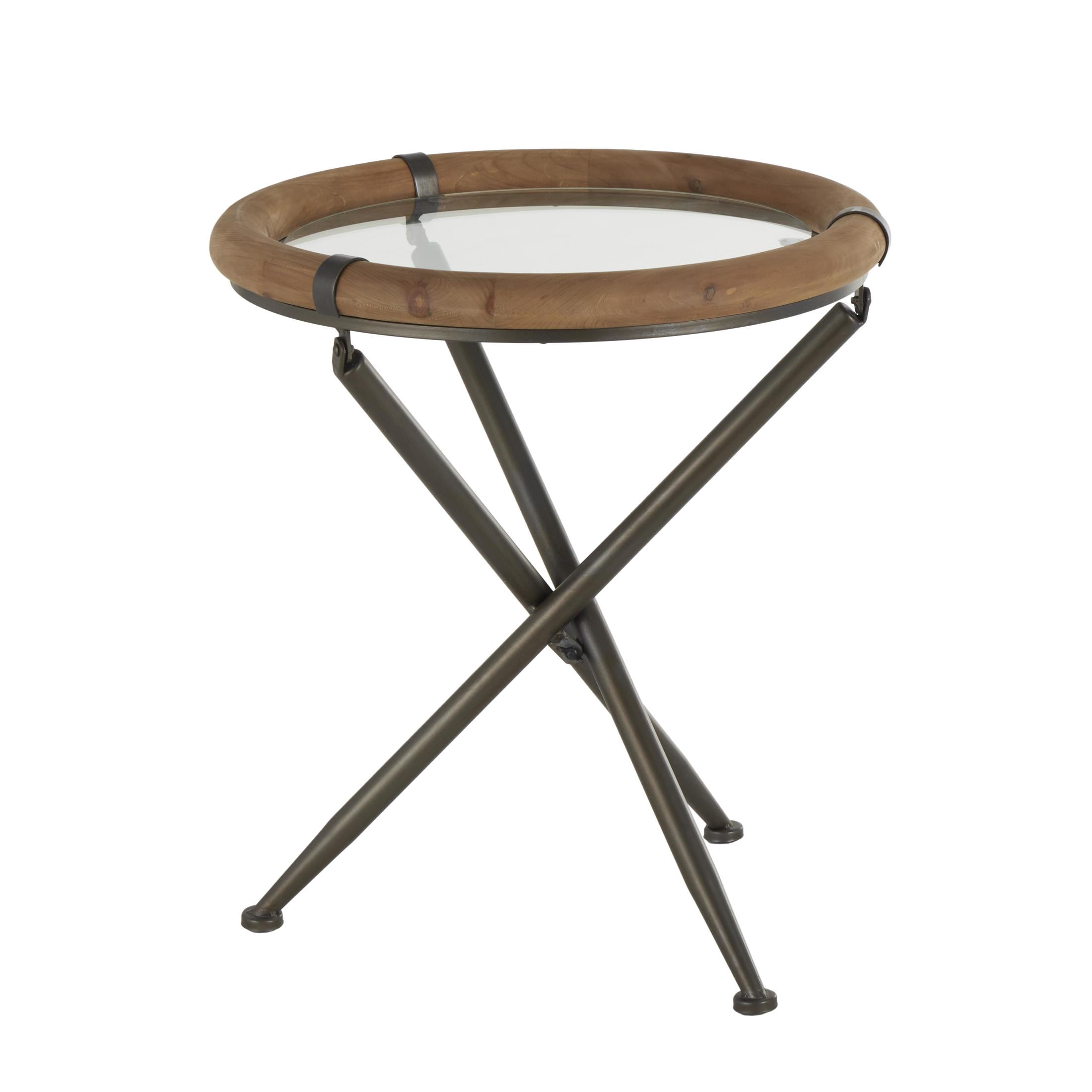 DecMode 20" x 22" Brass Metal Round Accent Table with Brown Wooden Framed Glass Tabletop, 1-Piece