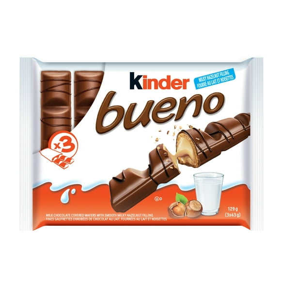 KINDER BUENO Milk Chocolate and Hazelnut Cream Candy Bars, 3 Pack, 129g