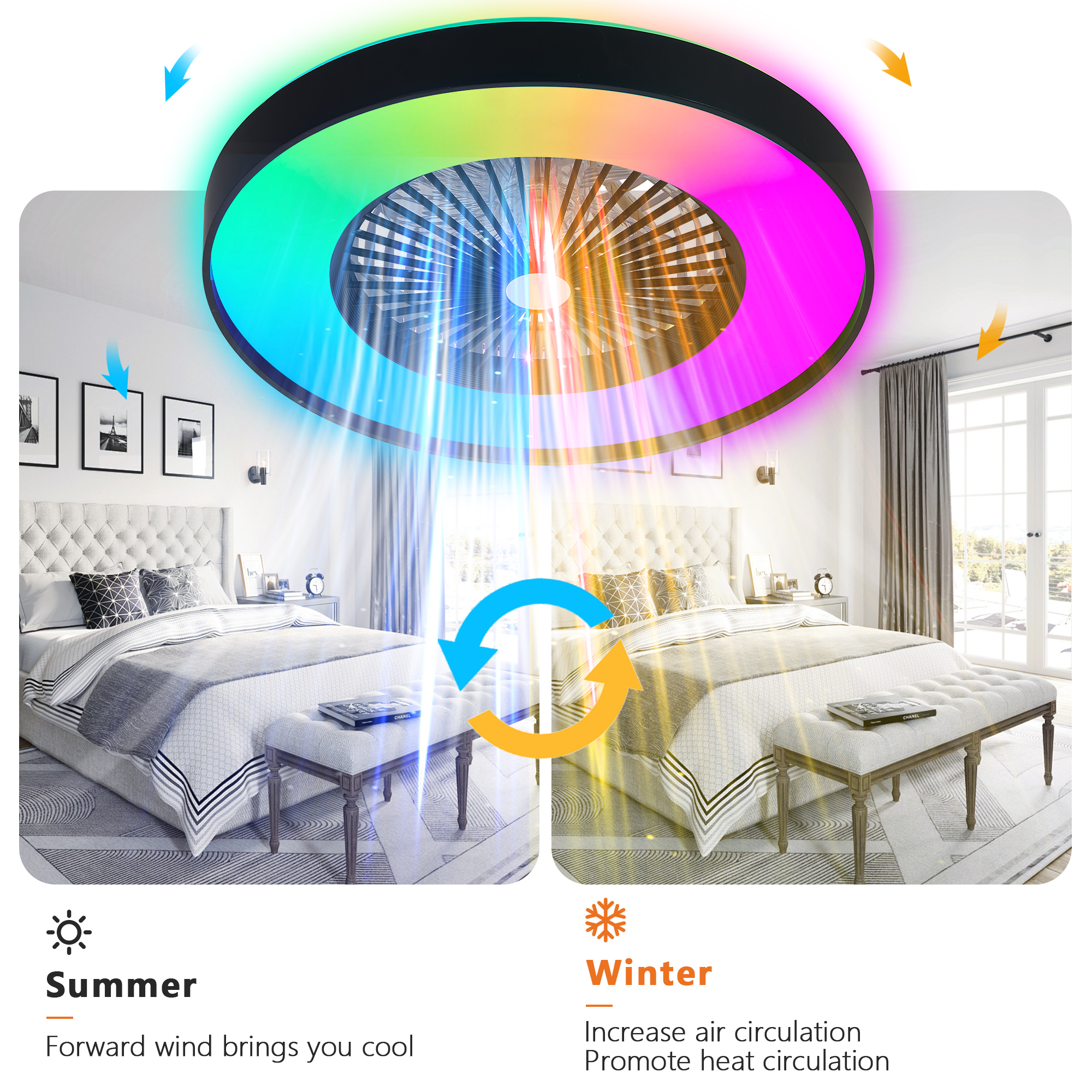 Leumius 23" Black Ceiling Fan Light with LED RGB, Dimmable & Color-Changing, APP & Remote Control, Modern Smart Ceiling Fan for Living Room Bedroom and Dining Room