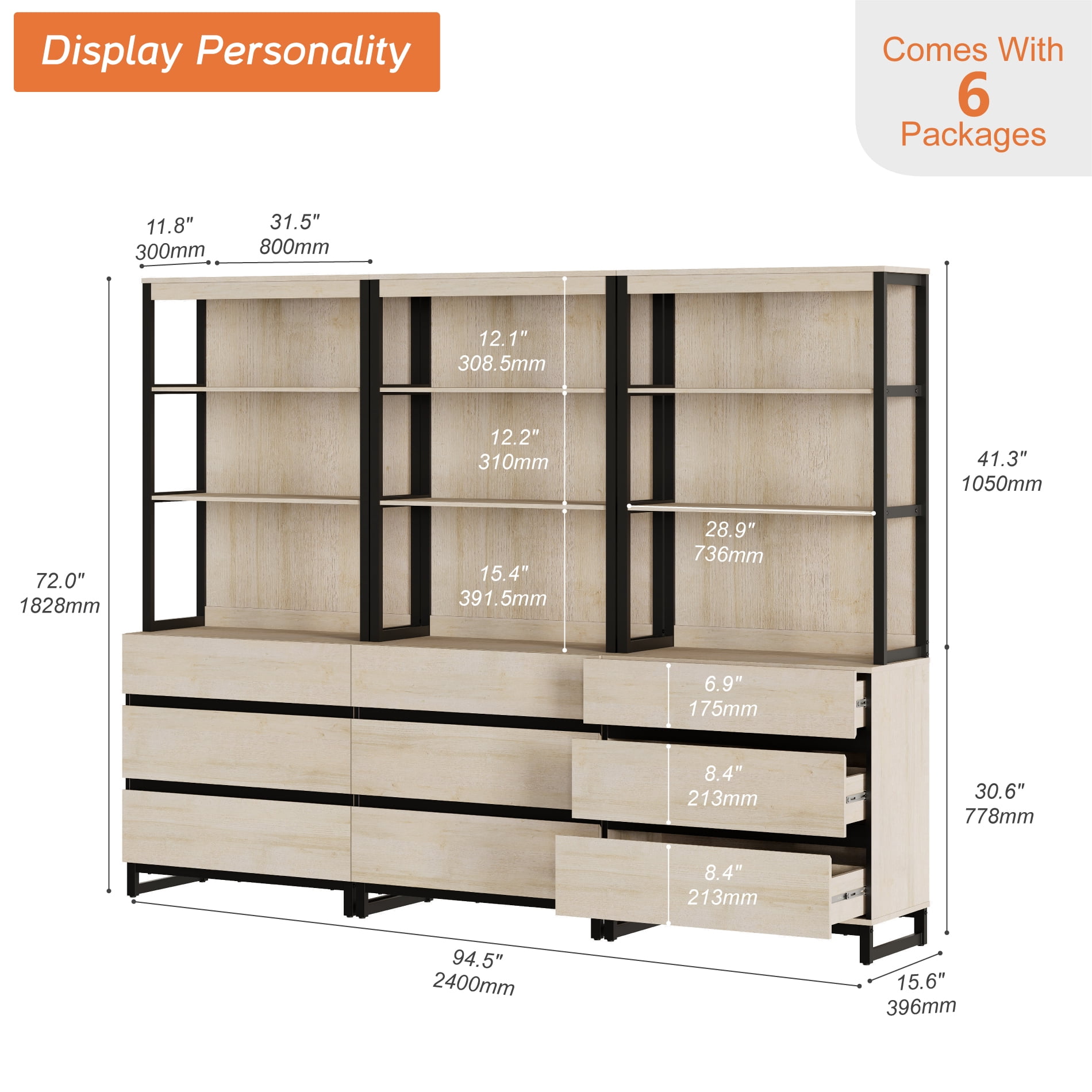 WAMPAT 3-Piece Modern 72" Tall Library Bookcases with 9 Drawers & Open Shelves, Wood Freestanding Bookshelves with Storage Cabinet & Metal Base for Home Office & Living Room, Beige