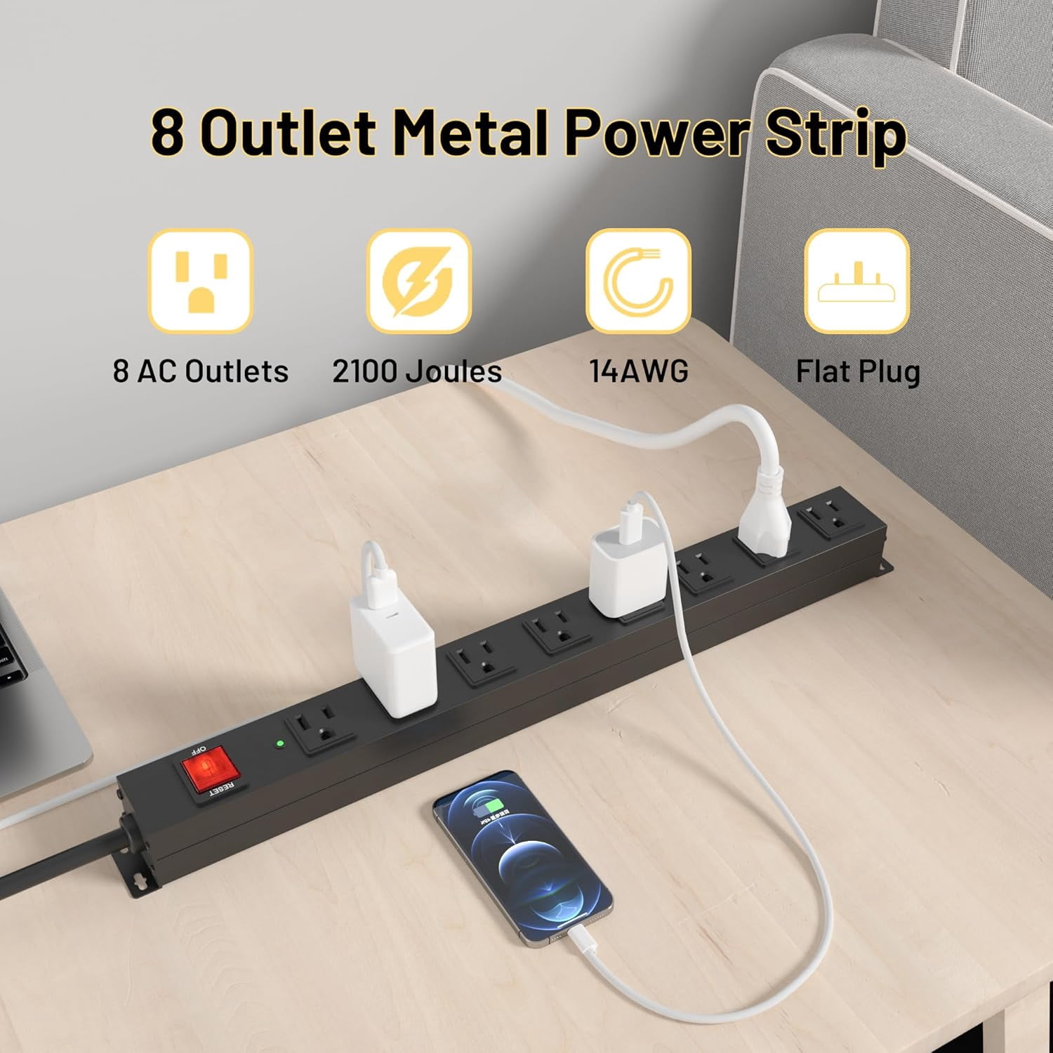 8 Outlet Heavy Duty Power Strip Surge Protector, 2100J Protection Metal Strip, 15A/1875W Mountable Strips with Upgraded Switch, 14AWG 6FT Extension Cord, Black