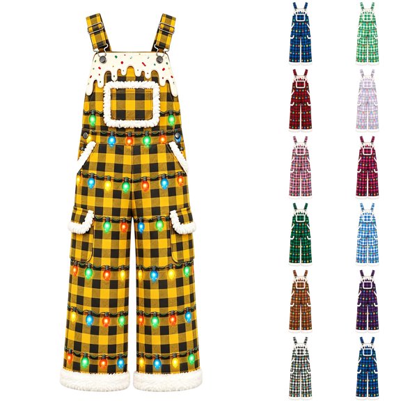 IWRICH Christmas Overalls for Men Xmas Santa Plush Jumpsuit with Pockets Adjustable Straps Straight Leg Festive Workwear Yellow XL