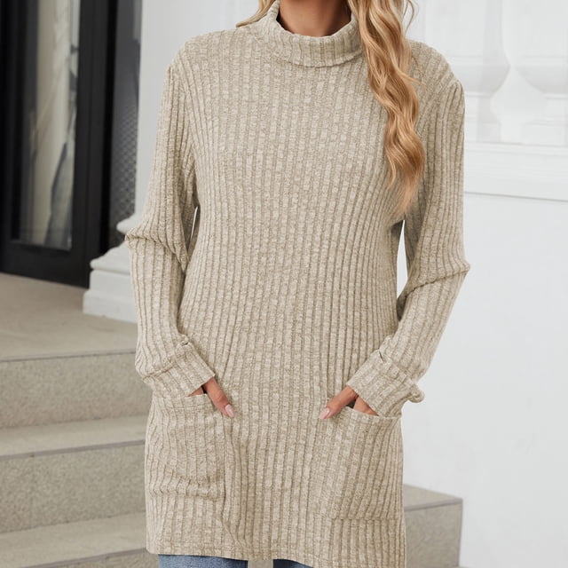 Hot6sl Women's Solid Color Half High Neck Loose Pocket Long Sleeve Top