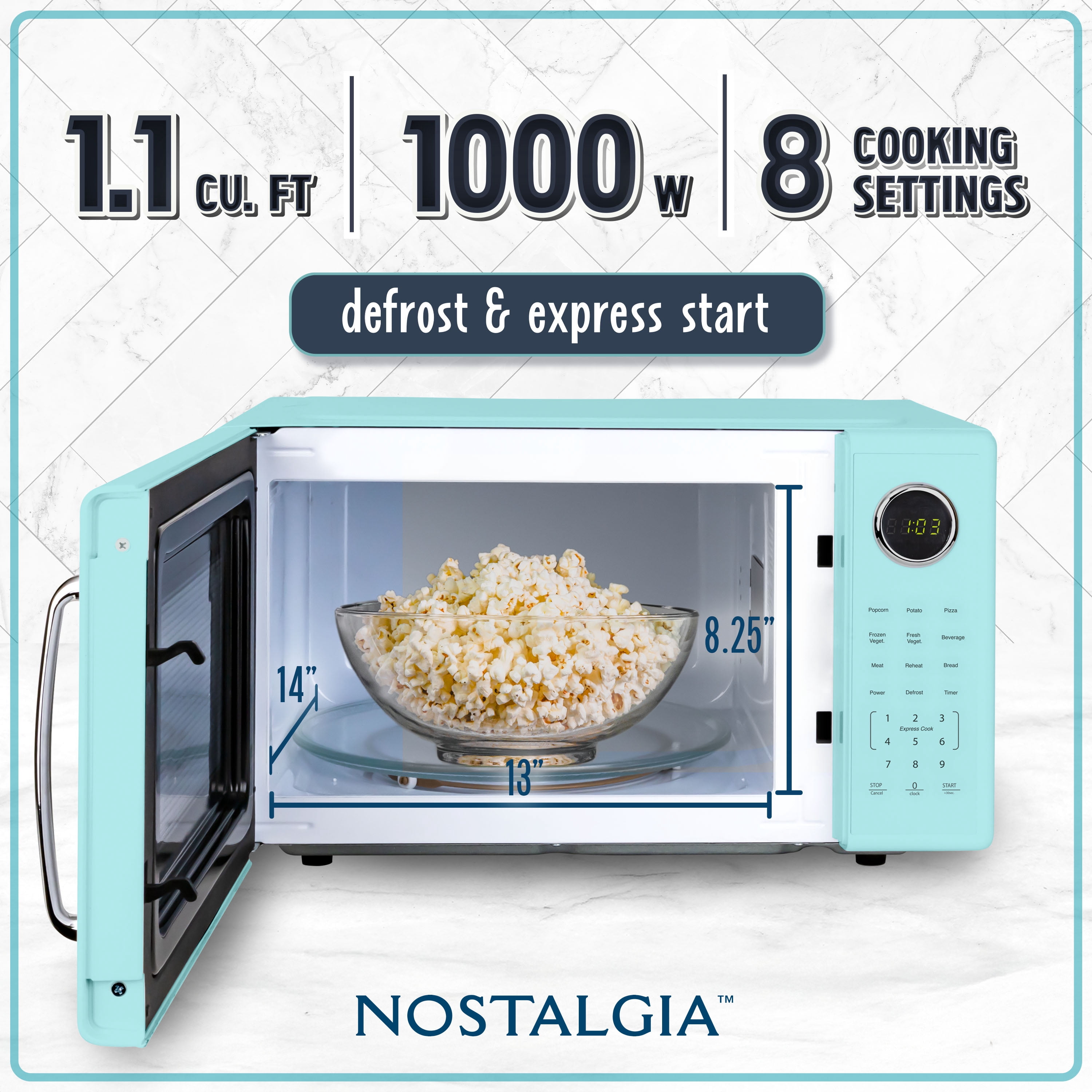 Nostalgia 1.1 cu ft Retro Microwave Oven, 1000W Countertop Microwave Oven with 8 Auto Cook Programs, Aqua