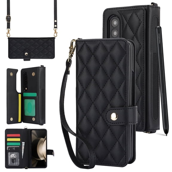 Dteck For Samsung Galaxy Z Fold 4 Wallet Case with S Pen Holder & Crossbody Lanyard Wrist Strip, Shockproof Stylish Protective Cover,Black