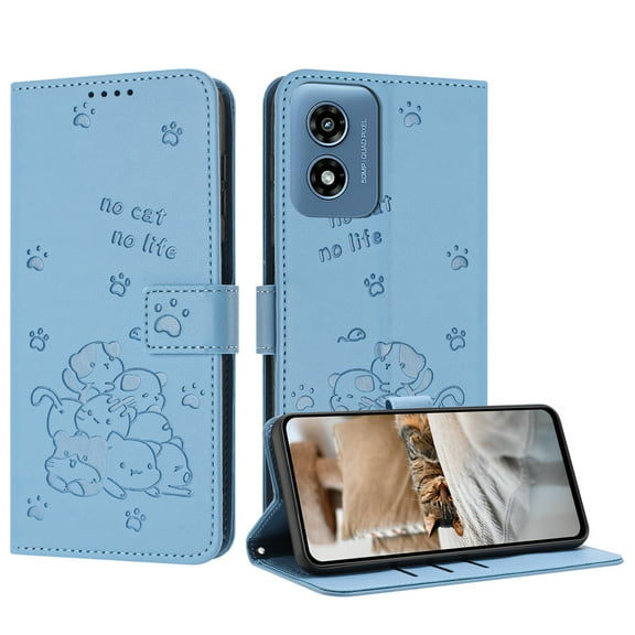 Flip Case for Motorola Moto G Play 4G 2024 PU Leather Wallet Case with Card Slots Magnetic Clasp Stand Function Cover Lovely Embossed with Wrist Strap Soft Inner Case for G Play 4G 2024 - Blue