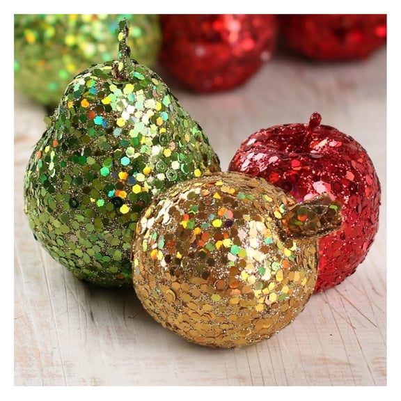 6 Piece Collection of Glitzy Glittered Artificial , Pears, and Pomegranates for Holiday and