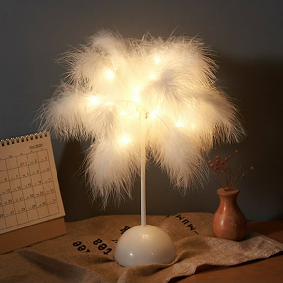 Lamp Metal Table Lamp LED Decorative Ostrich Feather Atmosphere Night Lights Bedside Lamps for Home Party Wedding Decoration Gifts for Dad Mom Wife Girlfriend Girls(White)
