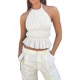 thumbnail image 1 of MOBJVIY Women Sleeveless Patchwork Tied Halter Neck Ruffle Pleated Hem Tank Tops Backless Vest Tops, 1 of 1