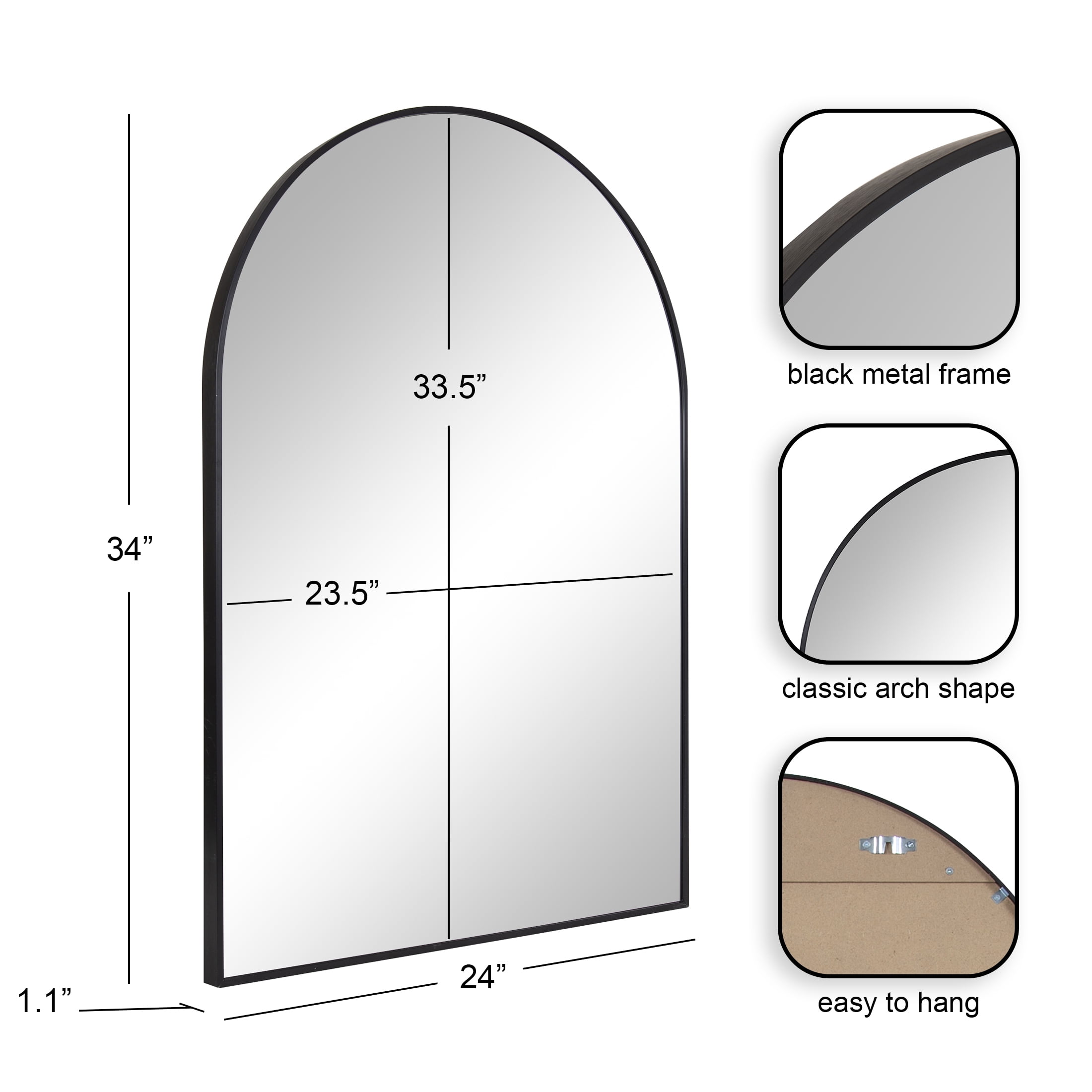 Better Homes & Gardens Black Metal Arch Wall Mirror, 24" x 34"