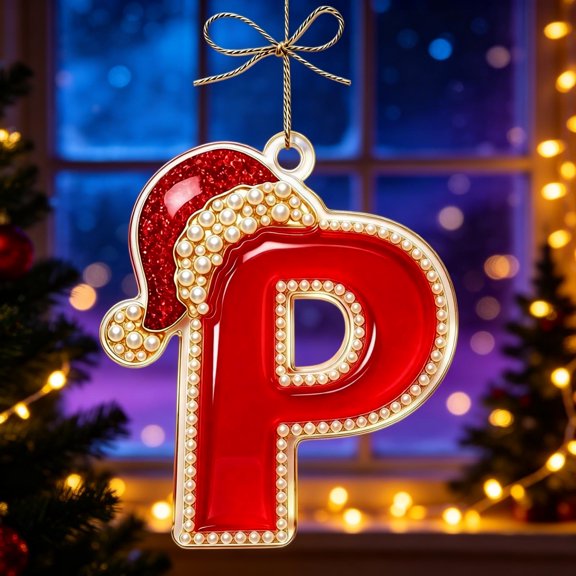 Christmas Alphabet Letter Hanging Ornament, Santa Hat Monograms Personalized Xmas Tree Decor