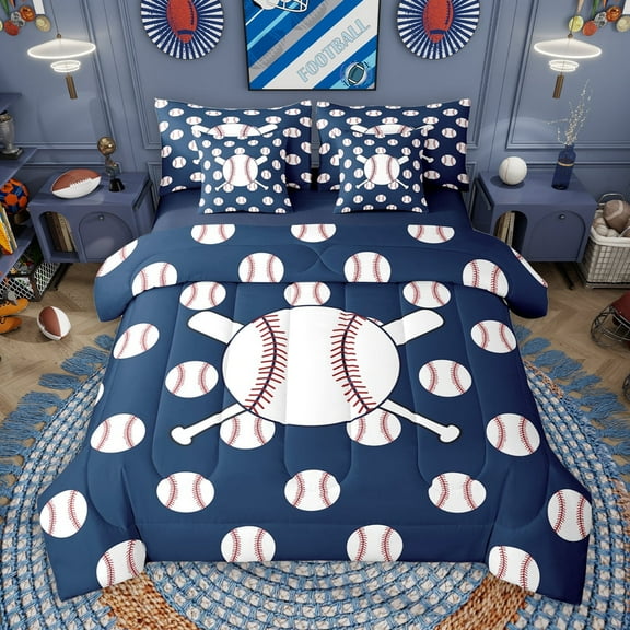 Manfei Baseball Game 7-Piece Twin Bedding Sets,Ball Sport Bedding Comforter Set,White Deepblue Sheet Sets For Girls Kids,Super Cozy Room Decor Reversible