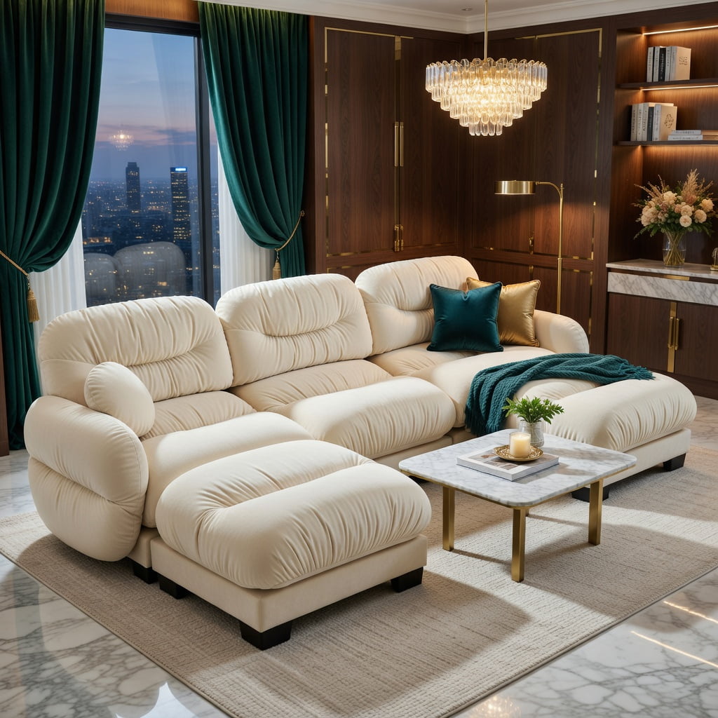 Hommoo Chenille U-Shaped Modular Sectional Sofa with Ergonomic Foam, Pleated Back Design, 3-Seat + 2 Ottomans + 2 Throw Pillows, Soft Cloud-Like Comfort, Beige