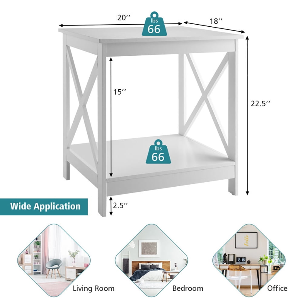 Finihen End Side Table, 2-Tier Side Table with X-shape Design and 4 Solid Legs, Bed Side Table, for Living Room, Bedroom, White Finihen End Side Table, 2-Tier Side Table with X-shape Design and 4 Solid Legs, Bed Side Table, for Living Room, Bedroom, White