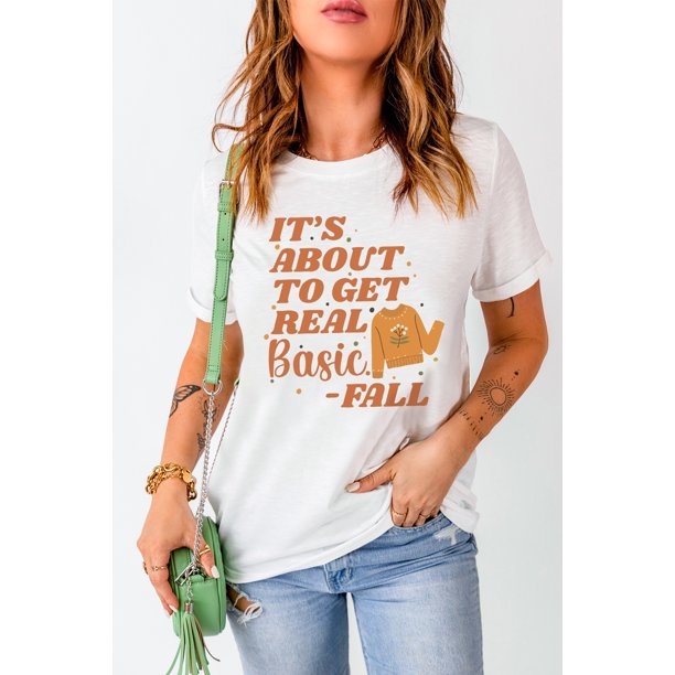 ABPHQTO Camiseta estampada blanca de manga corta It's About To Get Real Basic-Fall para mujer