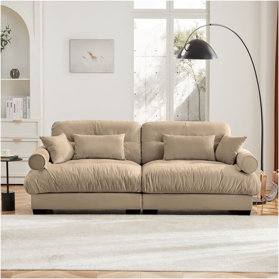 JERFIT Modern Velvet Loveseat Sofa with Bolster Armrests and Pillows, Cloud Cushion 2-Seater Couch for Living Room, Apartment, Camel