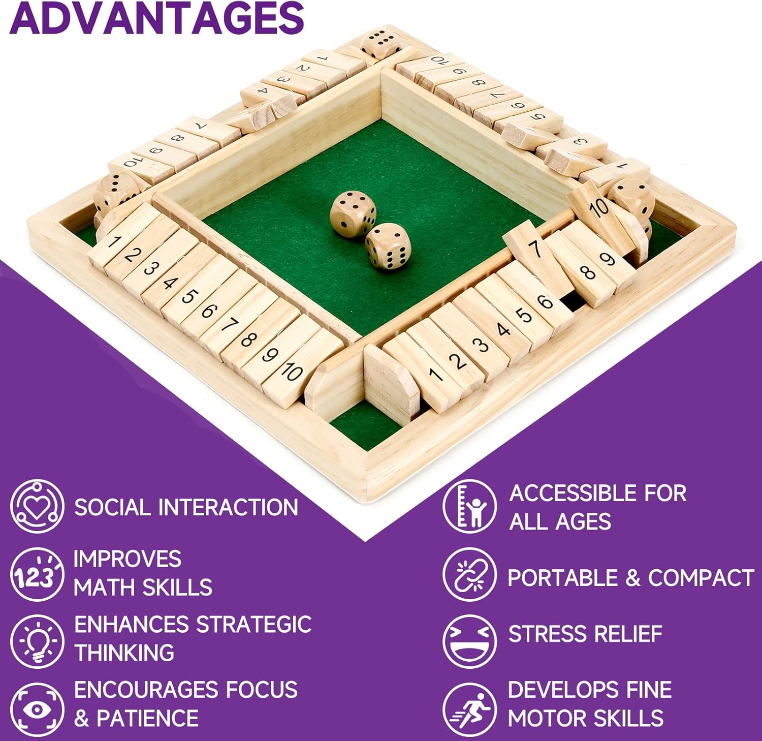 1-4 Jugadores Shut The Box Juego de dados, juego de mesa de madera tradicional para adultos y niños, juego de mesa de estrategia matemática para diversión familiar 5