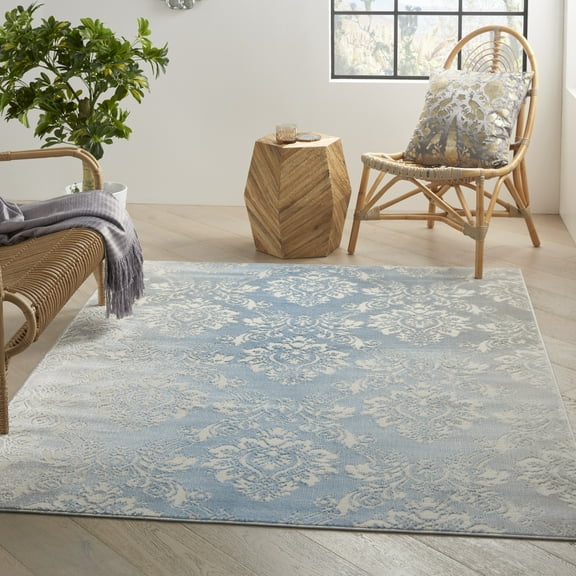 Nourison Elation Damask Ivory Blue 4' x 6' Area Rug, (4x6)