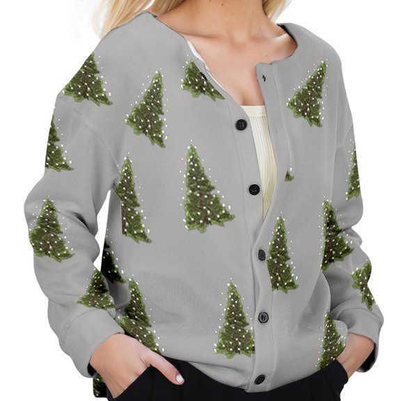 Christmas Sweaters For Women Funny Button Down Festive Coat Xmas Santa Christmas Tree Printed Cable Knit Pullover Grey, XXL
