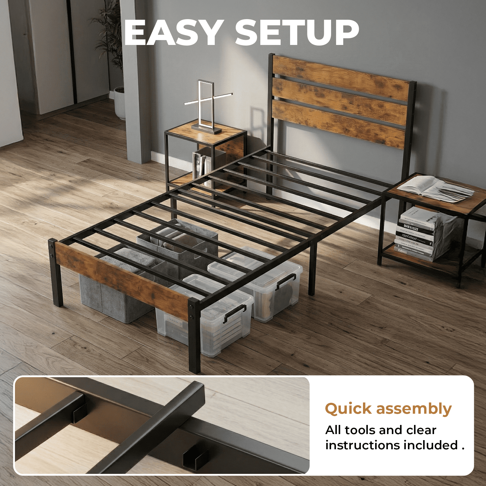 Alvantor Metal Platform Bed Frame with Headboard & Footboard - No Box Spring Needed, 800LBS Sturdy Wooden Slats Support, Industrial Style
