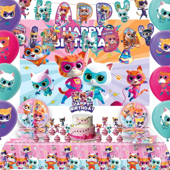 72pcs Super Kitties Birthday Party Supplies - Balloon Decorations, Banner, Backdrop, Cake & Cupcake Toppers, Tablecloth ，Plate paper towels