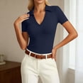 thumbnail image 2 of Gaexia Women Fashionable Casual Solid Collarless Fitted Short Sleeved T Shirt Top for Daily Wear (Navy,M), 2 of 4