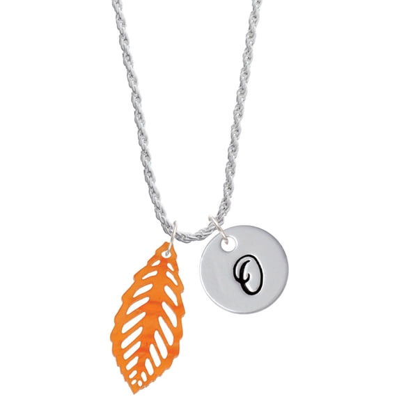 Delight Jewelry Acrylic Medium Leaf Pearly Orange Silvertone Script Initial Disc - O - Charm Necklace, 20"+3"