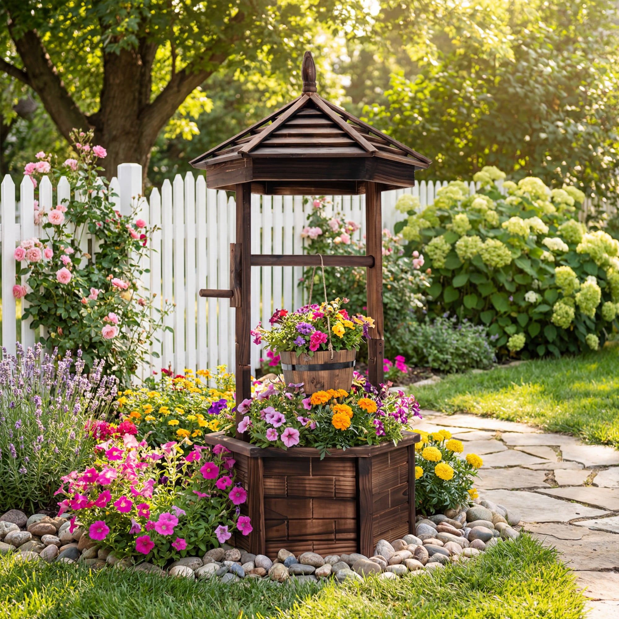 Costway Wooden Wishing Well Hexagonal Bucket Flower Plants Planter Patio Garden Decor