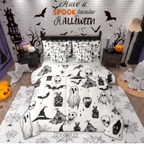 Manfei Gothic Skull Ghost 7 Pieces Bedding Comforter Set,Black Bats Full Bedding Set,Spooky Halloween Fitted Sheet Flat Sheet For Boy Girl,Ultra Soft Home Decor Reversible
