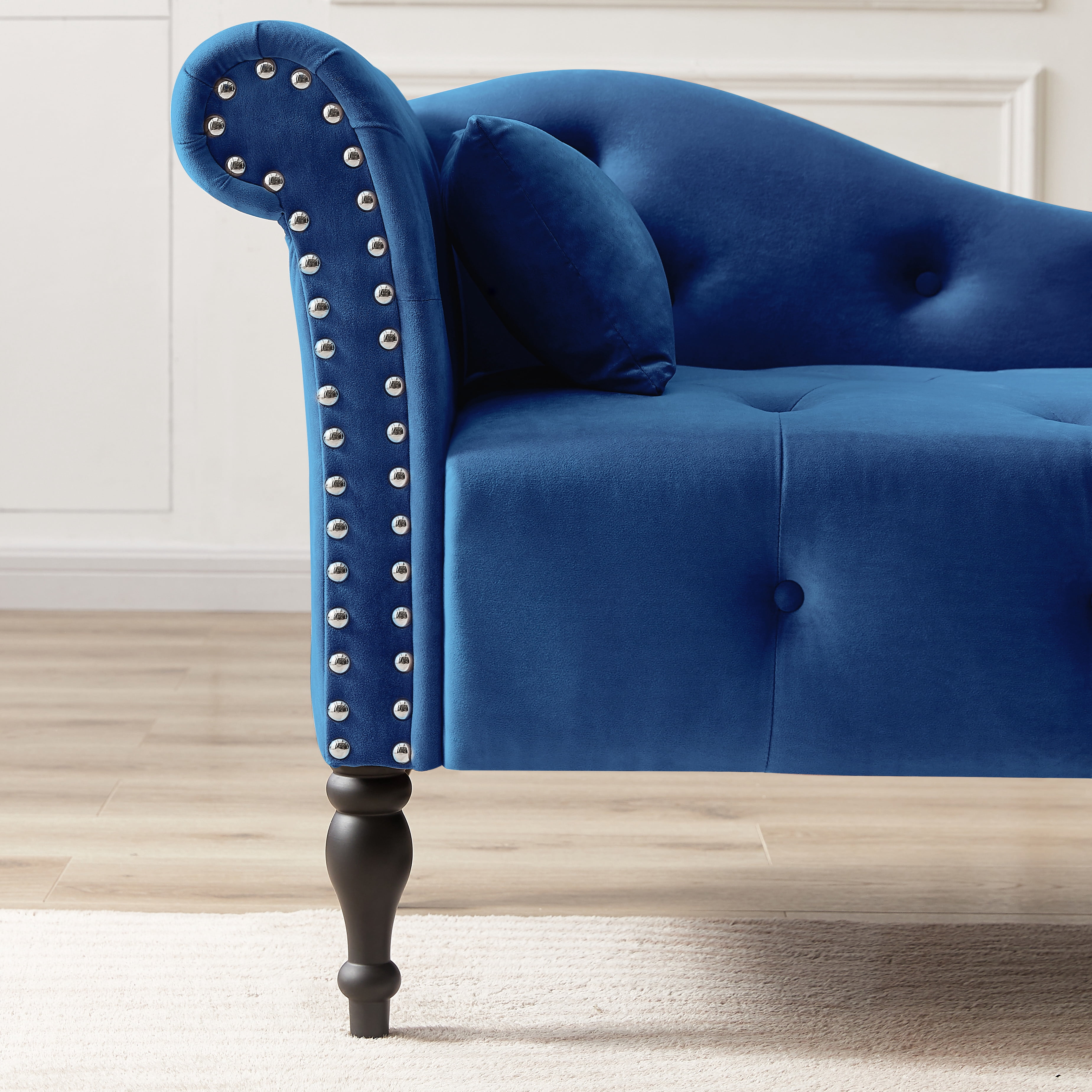 Miniyam Velvet Chaise Lounge, Tufted Accent Chaise Chair with Pillow for Living Room Bedroom, Blue