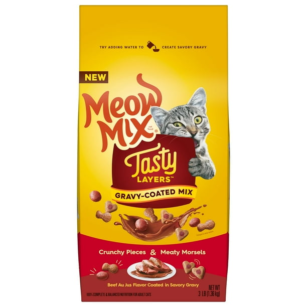 Meow Mix Tasty Layers Dry Cat Food, Beef Au Jus Flavor Coated in Savory