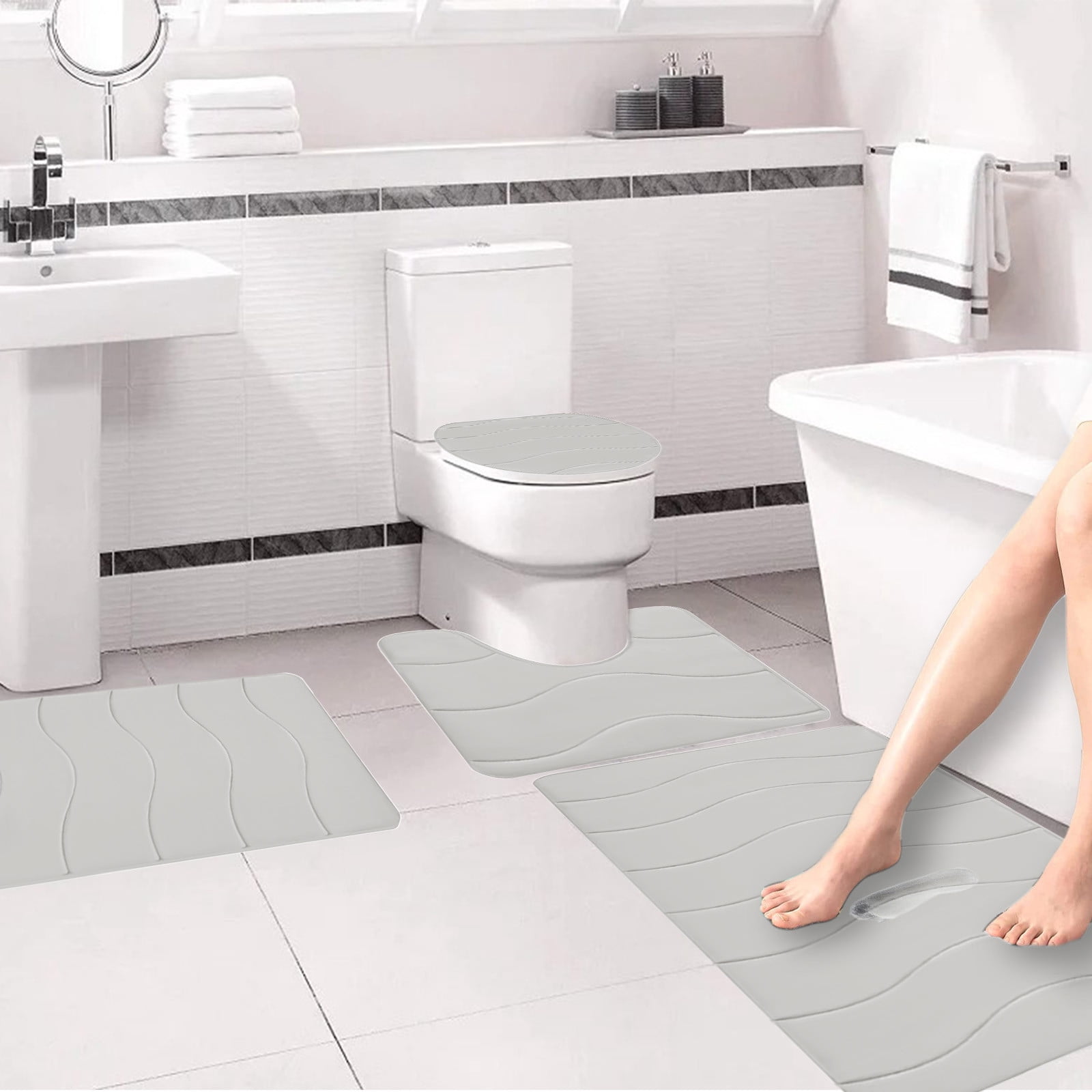 VOTRUDI Bathroom Rugs Clearance,Beige No Slip Memory Foam Bathroom Rugs and Mats Washable Set of 4,Bath Rugs and Mats for Bathroom Floor