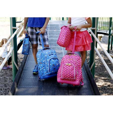 J World Girls Lollipop 16" Kids Rolling Backpack with Insulated Lunch Bag for School and Travel, Pink Buttons