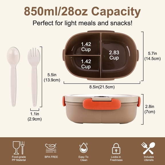 Classic Bento Box Adult Lunch Box, 47 oz 3-Compartment Containers, Built-in Utensil Set, Beige