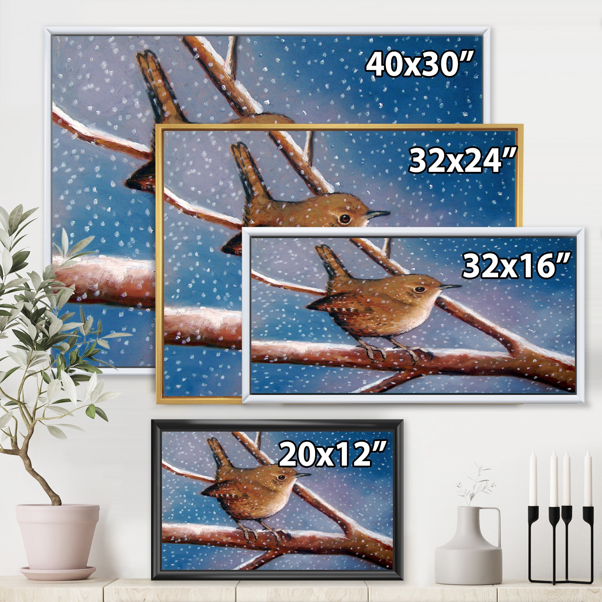 Designart 'Wren Bird On Branch In Winter' Farmhouse Framed Canvas Wall Art Print