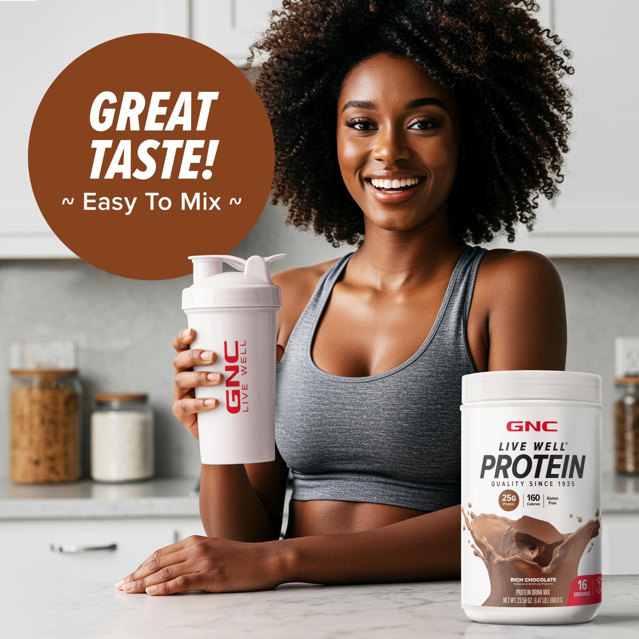 GNC Live Well Protein Powder, 25g Whey Protein, Rich Chocolate, Gluten Free, No Sugar Added, 16 Servings