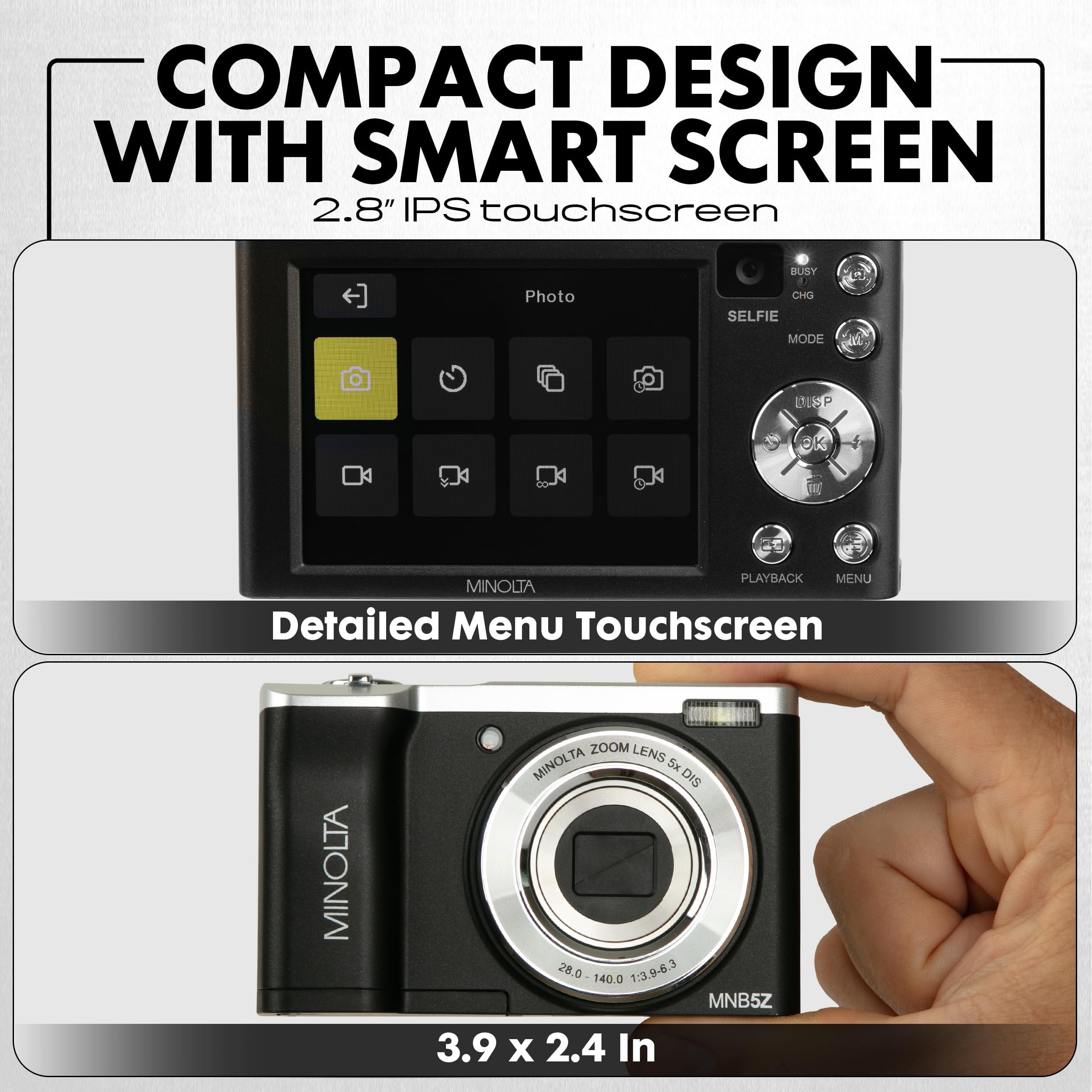 Minolta 56 Mega Pixels Dual Lens Point & Shoot Digital Camera with 5X Optical Zoom & 5K Ultra HD Video, Black