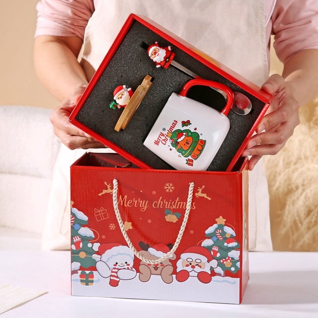 Taza de regalo navideña con tapa y cuchara | Taza de cerámica de Papá Noel y reno de 400 ml | Taza de café festiva para bebidas calientes | Incluye agitador de madera y caja de regalo decorativa