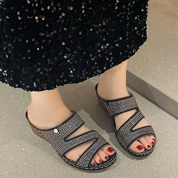 Sandals For Women 2025 Comfortable Wedge Thick Heel Open Toe Slip-on Round Toe Rhinestone Slides Slippers Casual Summer Beach Outdoor Footwear Dressy Sandals 5.5