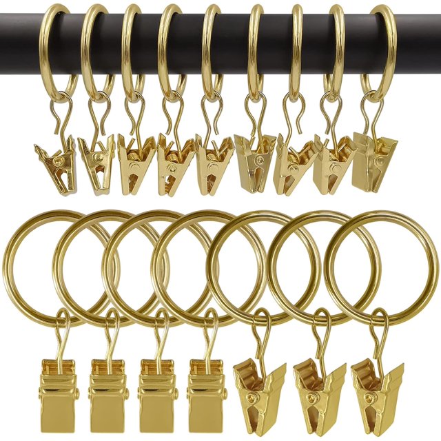SURJDE 100 Pack Metal Curtain Rings with Clips, Curtain Hangers Clips, Drapery Clips with Rings, Drapes Rings 1 in Interior Diameter, Fits Diameter 5/8 in Curtain Rod, Yellow Golden Color