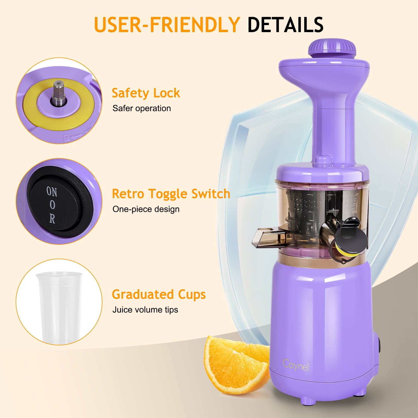 CAYNEL Masticating Slow Juicer Compact and Portable Cold Press Juice with 1.77” Extra Wide Inlet Funnel,Violet