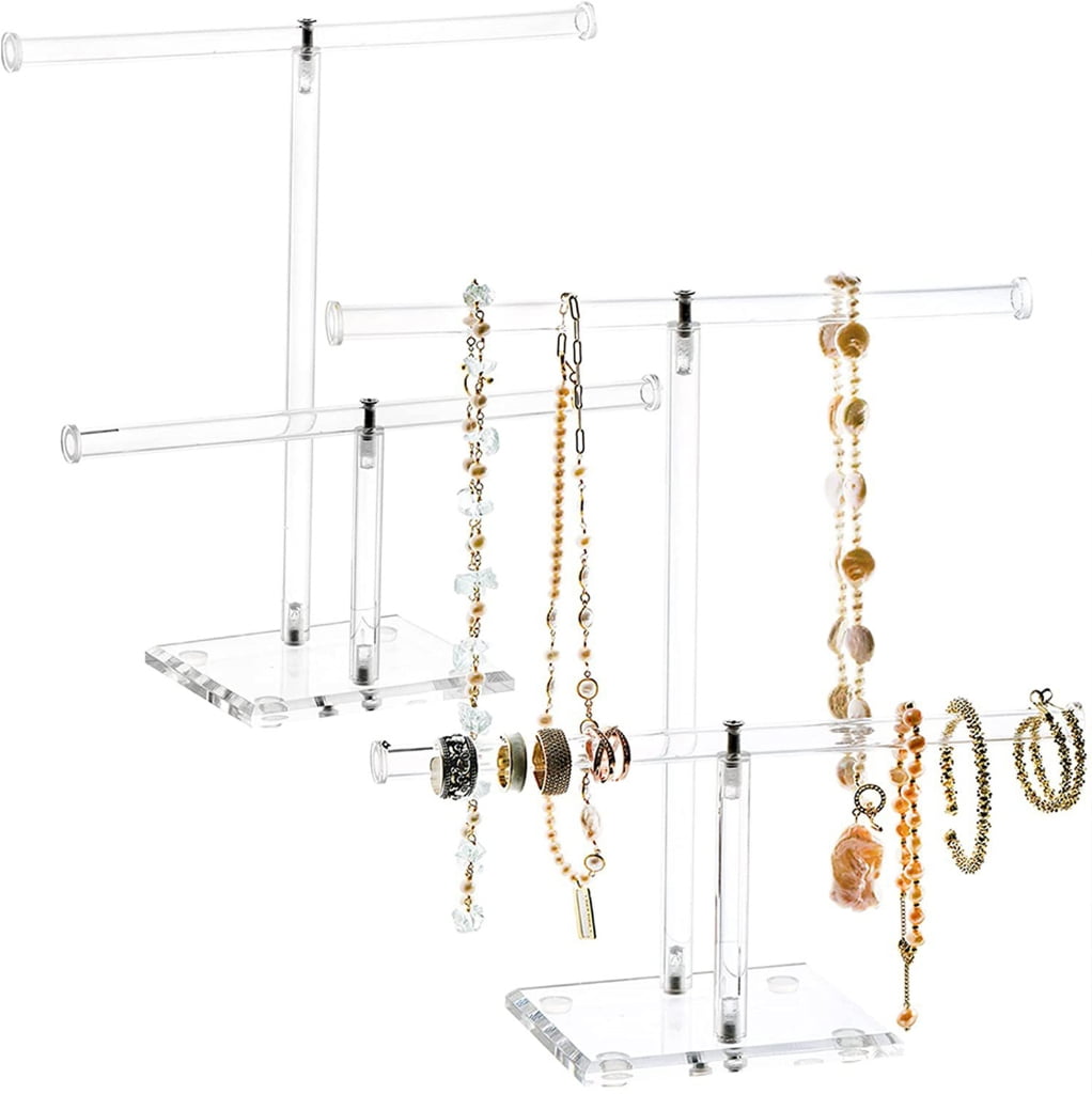 Geemin Acrylic Hairband Display Stand 2-Tier T-bar Hair Hoop Headband Hanging-Jewelry Organizer for Necklaces Bracelet Earring