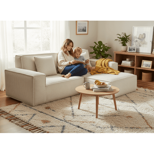 106.3" Large Striped Microfiber Compression Sofa Couch in Beige - Modern 3-Seat Living Room & Bedroom Furniture, Plush Foam Fill, Easy Assembly Free