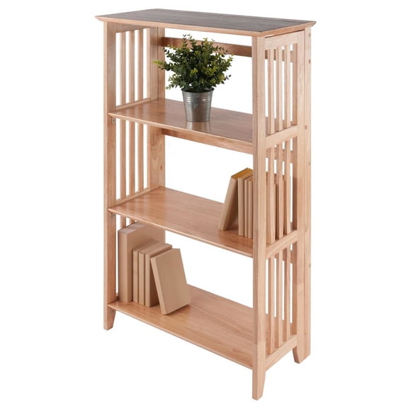 FurniFact Solid Wood Folding Bookshelf in Natural Brown with 4 Tier Open Shelves