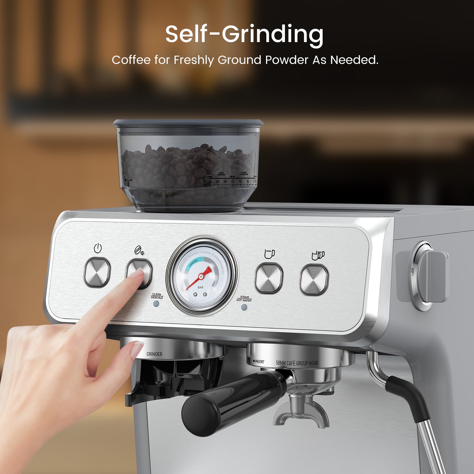 Espresso Machine,15 Bar Professional Espresso Maker with Coffee Bean Grinder Milk Frother,Coffee Machine for Espresso/Cappuccino/Latte,Single & Double Cup,Stainless Steel