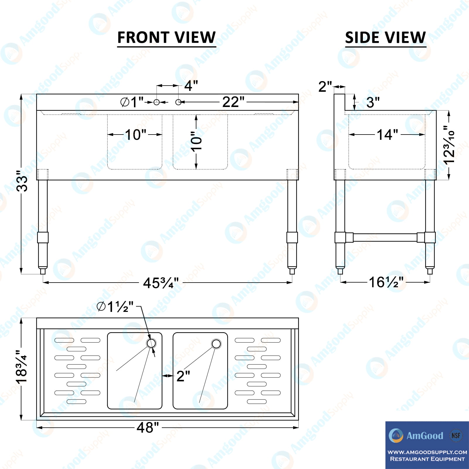 AmGood 48 in. x 19 in. Two Compartment Under Bar Sink With Two Drainboards | Stainless Steel Commercial Two Bowls Underbar Sink NSF.